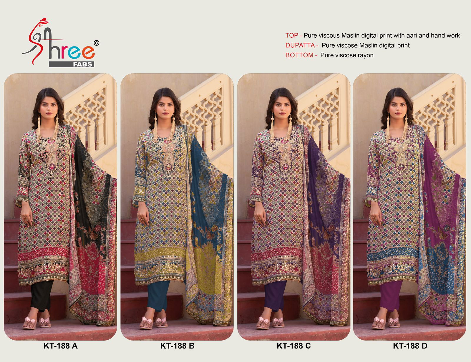 Kt 188 by Shree Viscose Maslin Digital Printed Salwar Suits Exporters In India